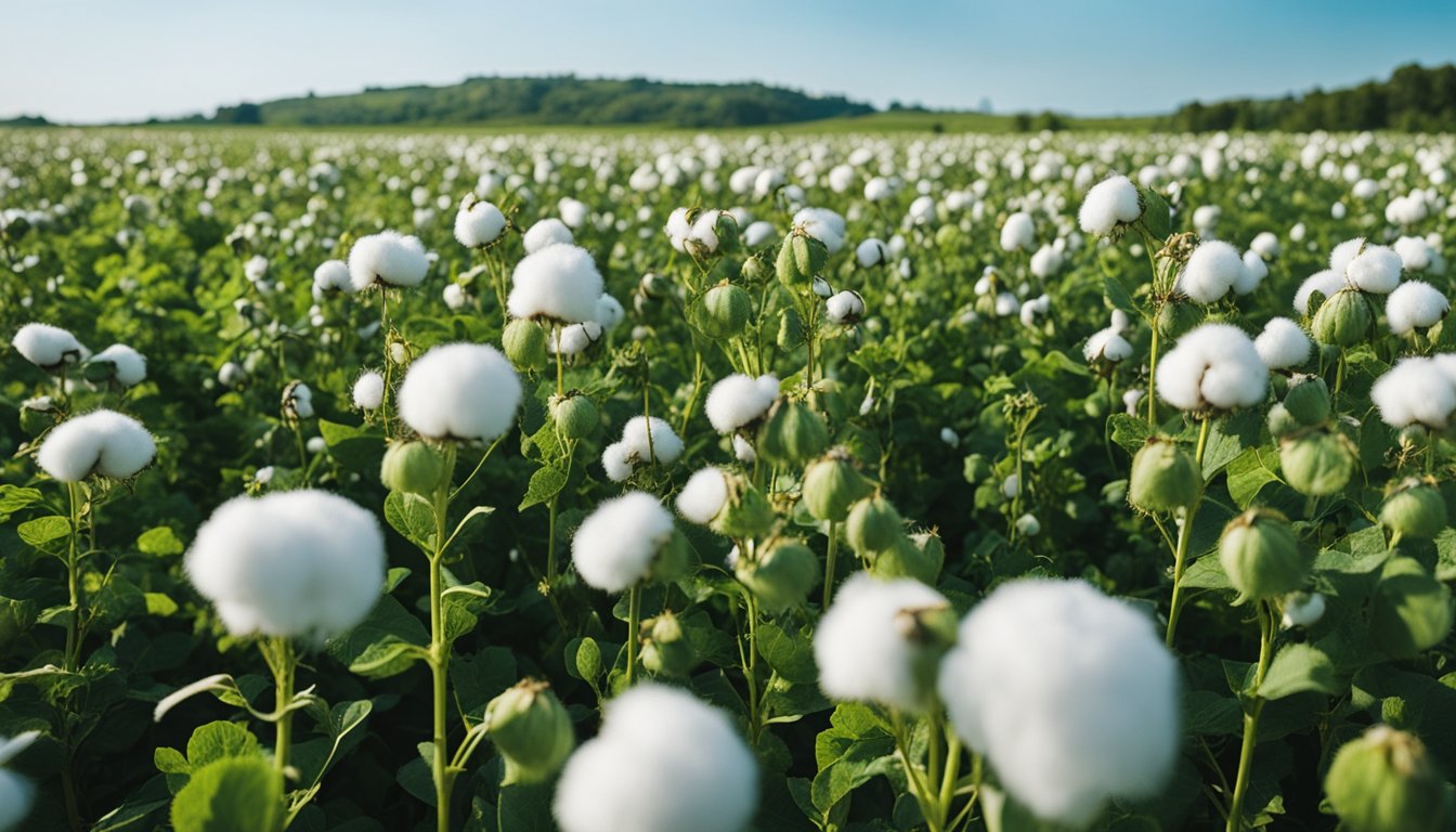A lush green field with cotton plants and a clear blue sky above, showcasing the natural beauty of organic clothing materials