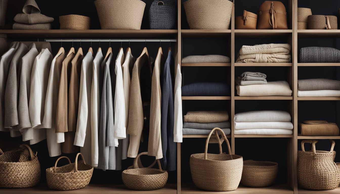 A closet filled with earthy, natural fabrics and textures. A mix of cotton, linen, and hemp garments hanging neatly, with wooden hangers and woven baskets for accessories