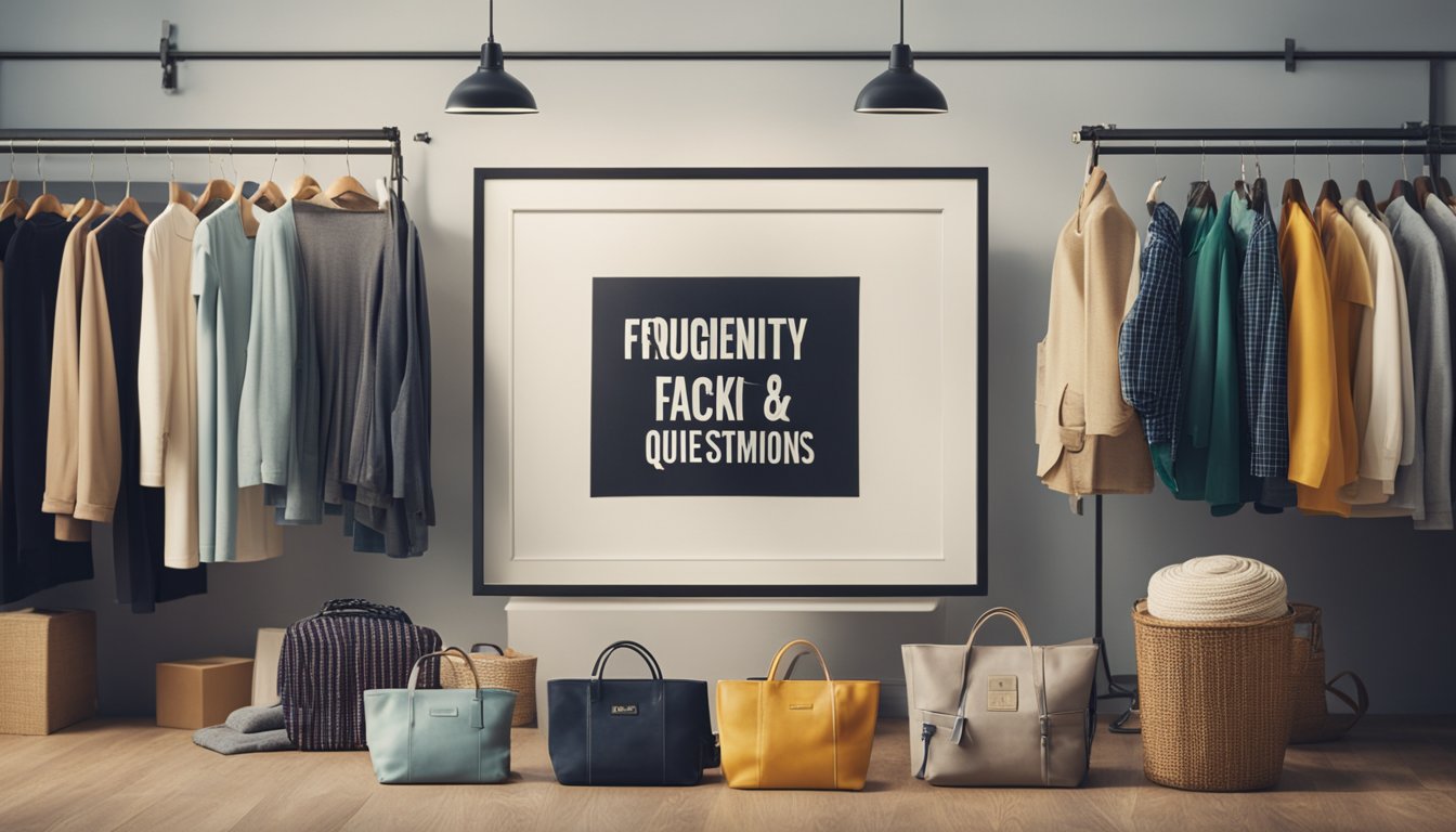 A colorful display of organic clothing with a "Frequently Asked Questions" sign nearby. Various garments and eco-friendly materials are featured