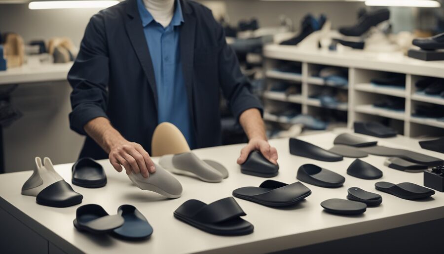 A podiatrist fitting custom orthotics to a pair of shoes, surrounded by various foot molds and orthotic materials