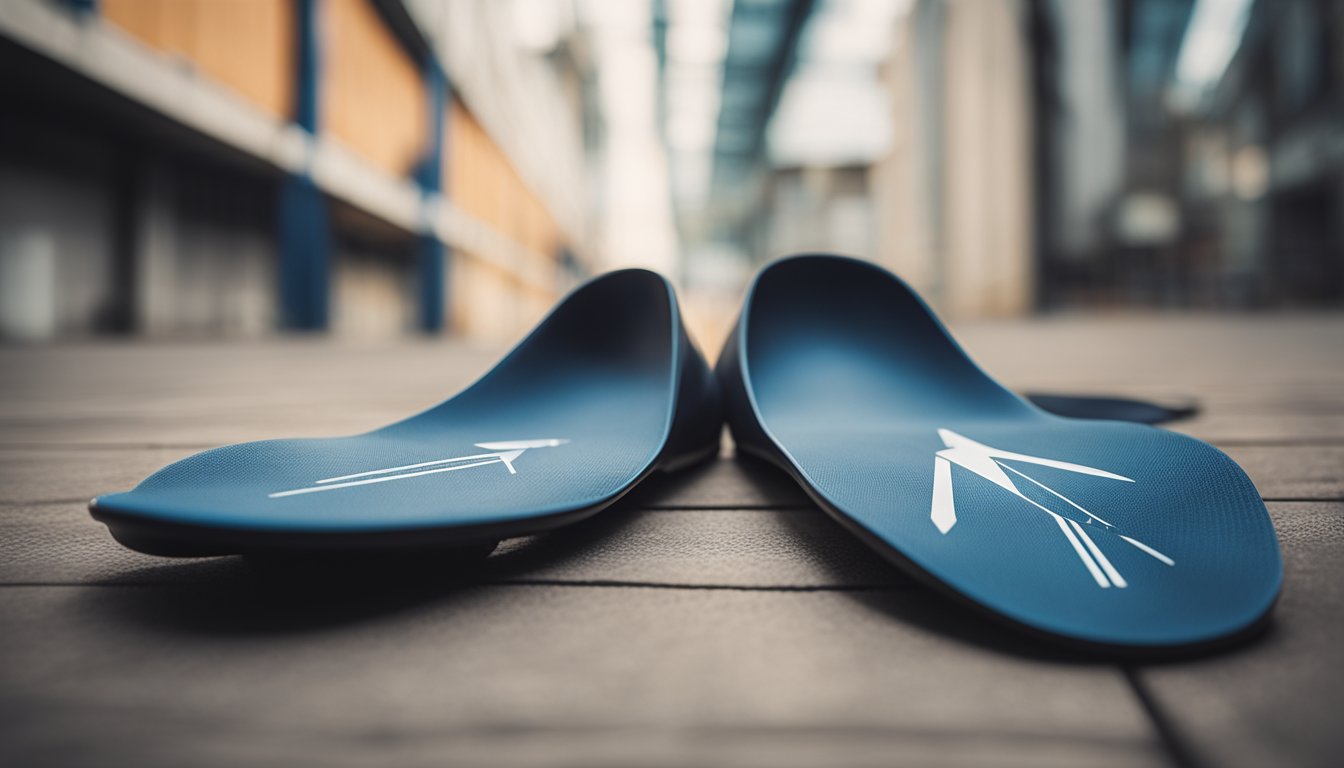A pair of custom orthotics placed next to a pair of misaligned shoes, with arrows pointing to the improved foot alignment