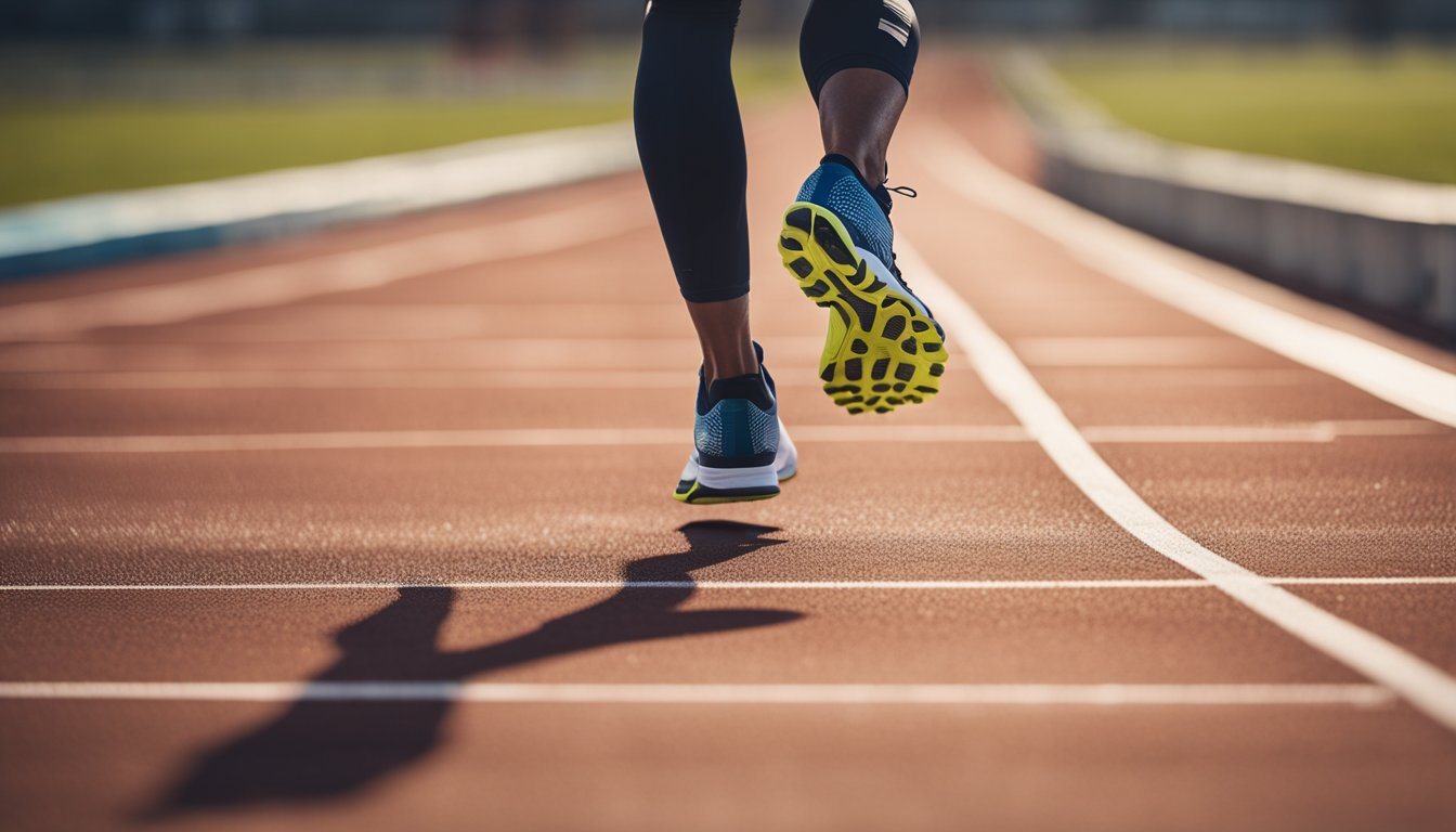 A runner effortlessly glides across a track, their feet supported by custom orthotics, showcasing increased speed and agility