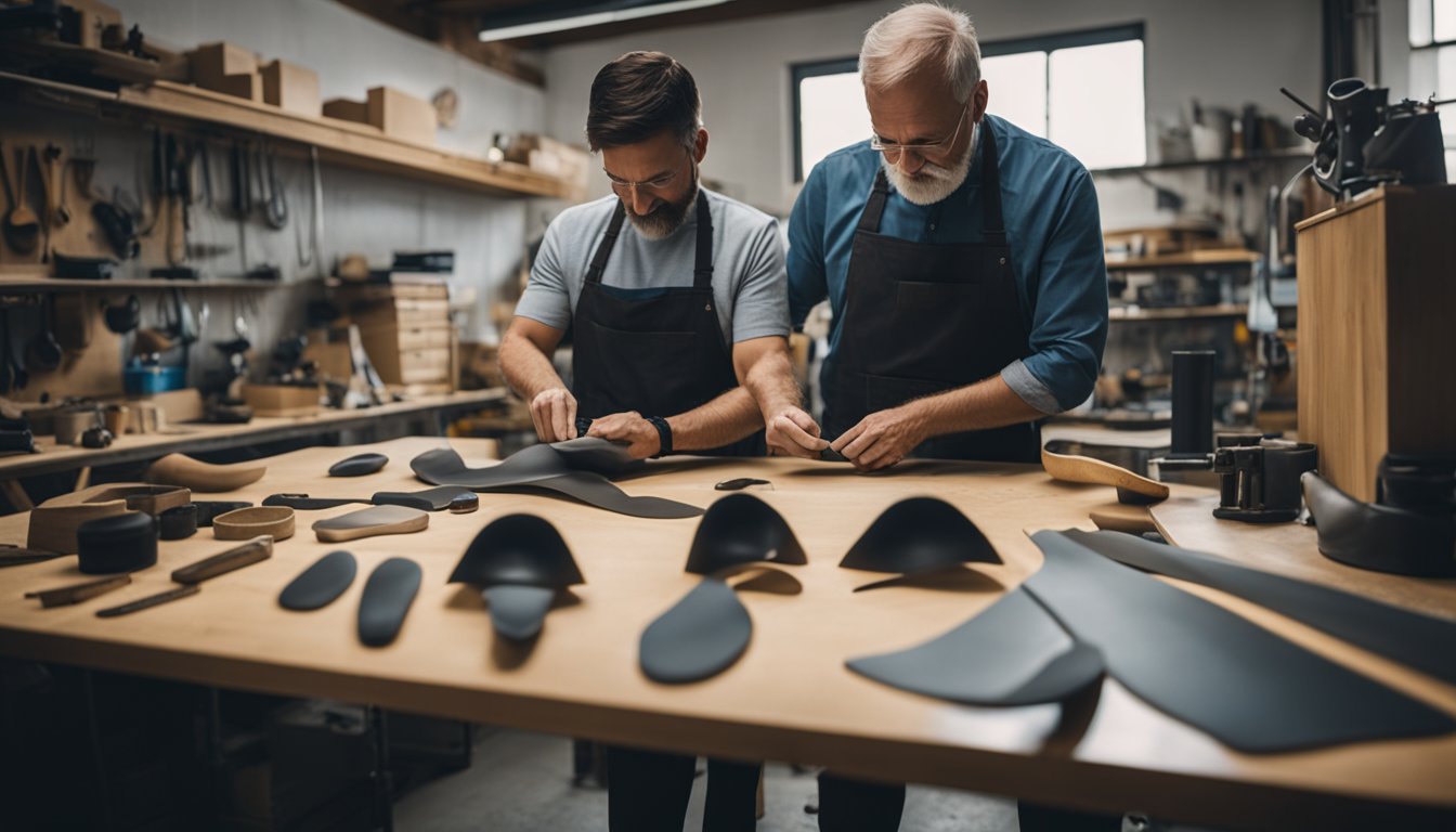 A pair of custom orthotics being carefully crafted by a skilled artisan, surrounded by various tools and materials in a well-lit workshop