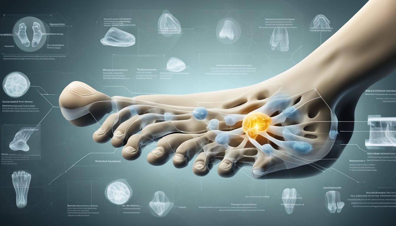 A foot with prominent bunions and other structural issues, surrounded by medical diagrams and X-rays