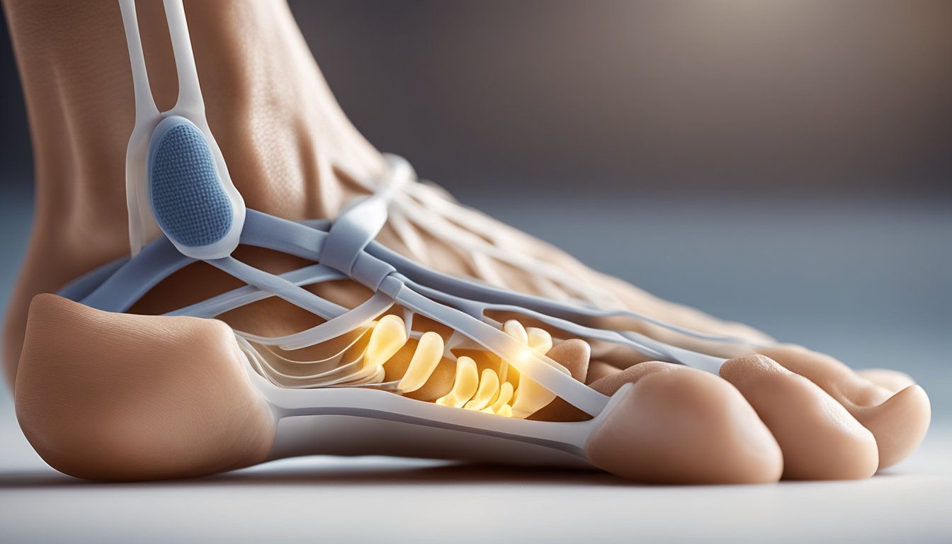 A foot with Plantar Fasciitis showing common structural problems: flat arches, overpronation, tight Achilles tendon, and misaligned toes