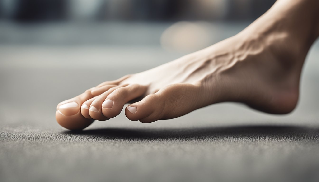 A foot with a visibly curled and misshapen toe, showing signs of hammer toe