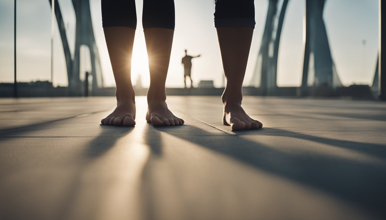 A pair of bare feet standing on a flat surface, with the arches visibly collapsed and the toes splayed outwards