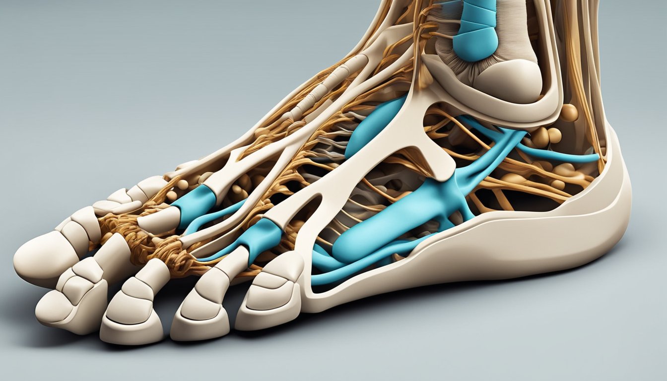 A detailed illustration of the anatomical structure of human feet, highlighting common structural problems such as flat feet, high arches, bunions, and hammertoes