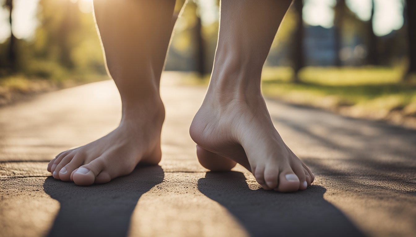 A pair of feet with visible structural issues, such as flat arches, bunions, hammertoes, and heel spurs, causing difficulty in walking and mobility