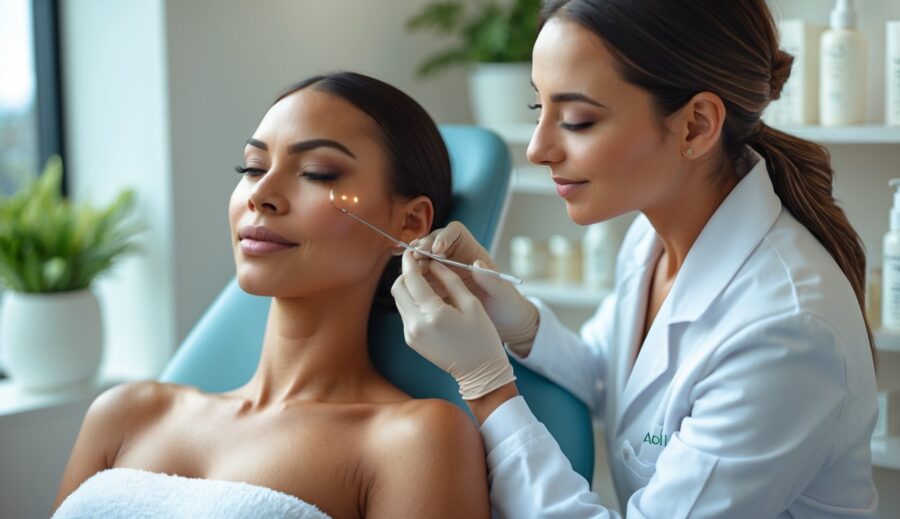 Close-up of a woman receiving Botox injection on forehead