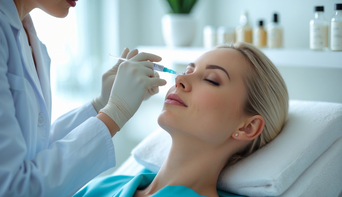 A medical professional administering Botox injections to a female client in a clean and modern beauty clinic.