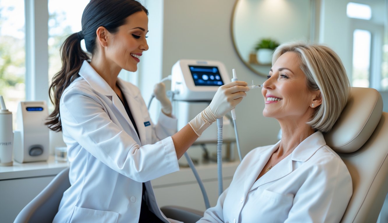 A professional aesthetician applying Botox treatment to a smiling woman in a modern beauty clinic.