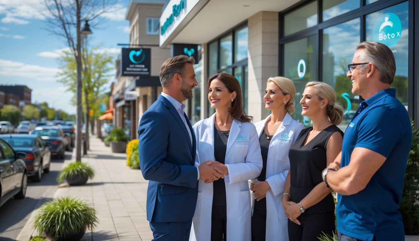Exterior of a modern beauty clinic on a sunny street with people consulting a professional aesthetician outside.