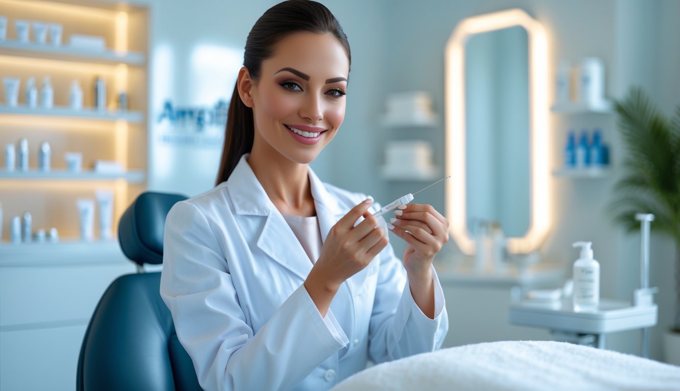 A female aesthetician in a white lab coat preparing a syringe in a bright beauty clinic treatment room with skincare products and a treatment chair in the background.