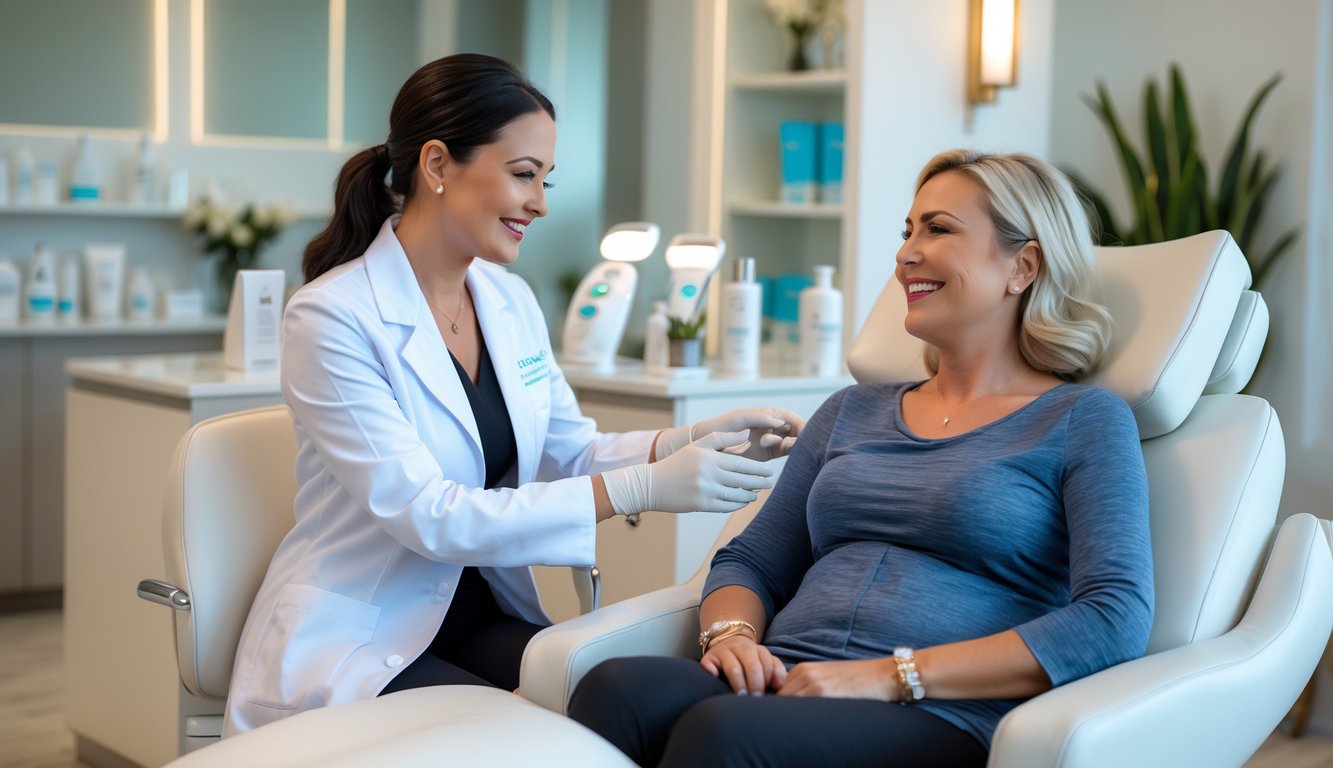A female aesthetician consulting with a smiling woman in a bright, modern beauty clinic treatment room.