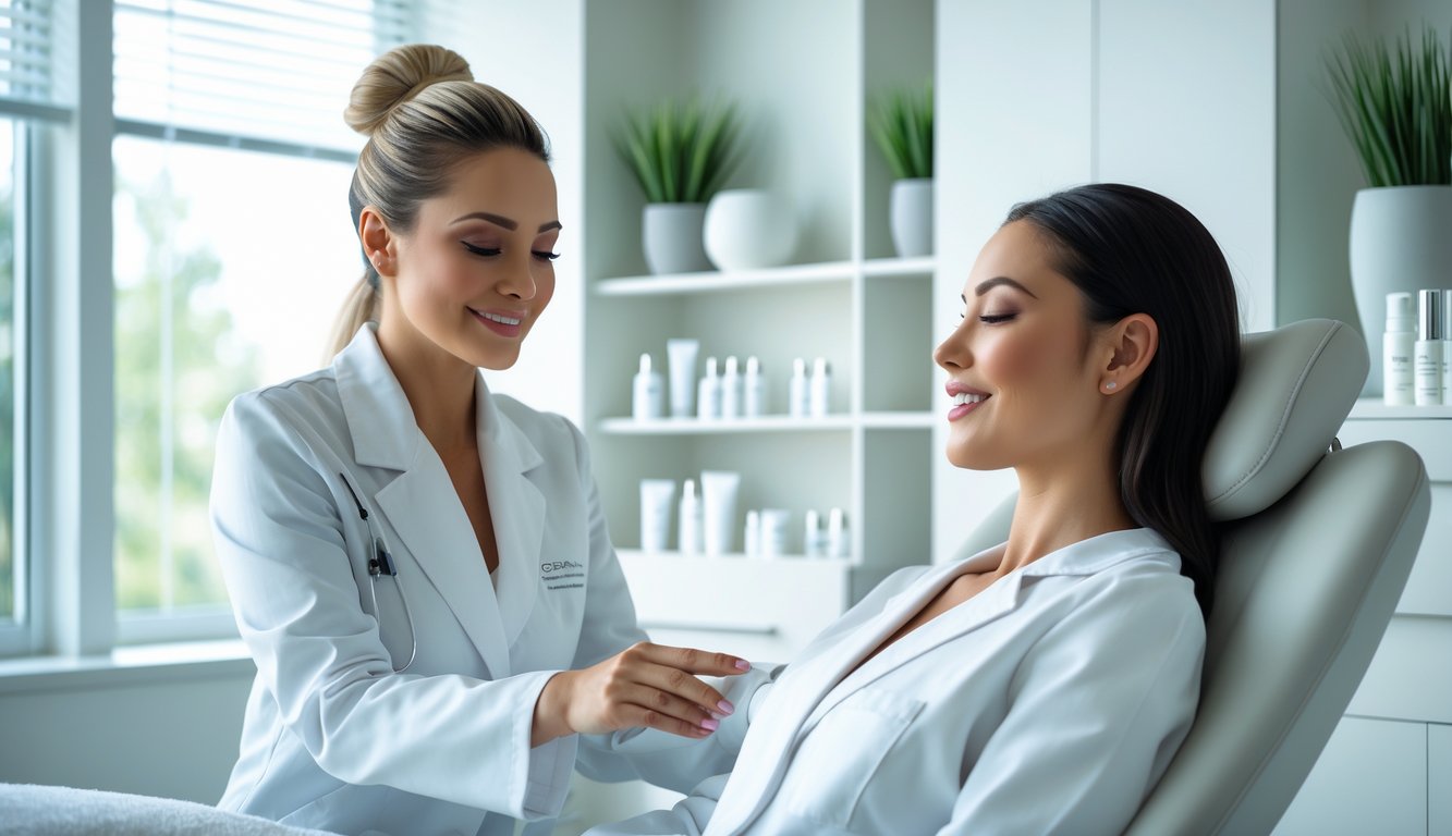 A female aesthetician consulting with a female client in a modern beauty clinic treatment room.