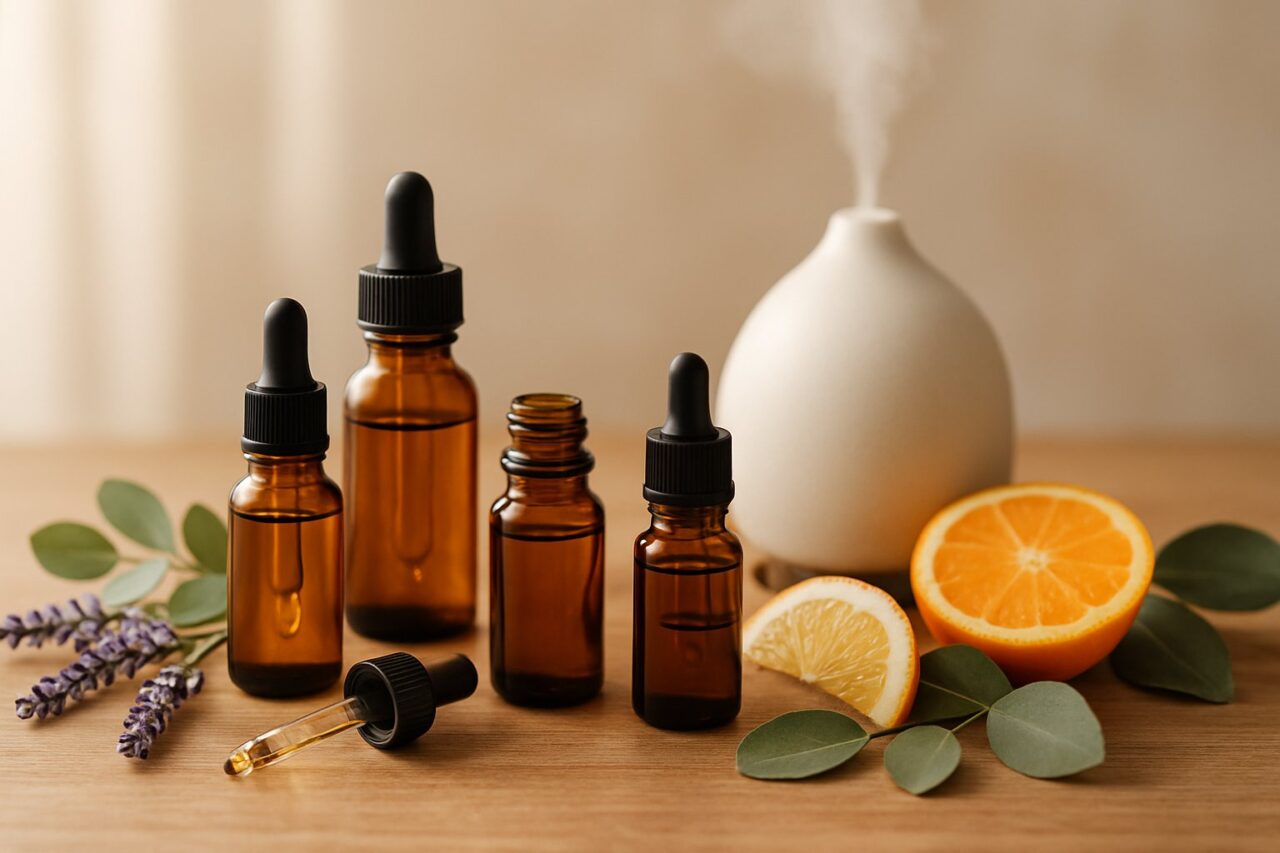 A wooden surface with essential oil bottles, fresh lavender, eucalyptus leaves, citrus slices, and a ceramic diffuser emitting mist in the background.