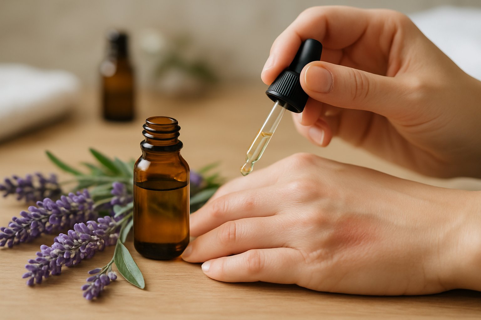 A hand applying lavender oil to a minor burn surrounded by fresh lavender flowers and an essential oil bottle on a wooden surface.