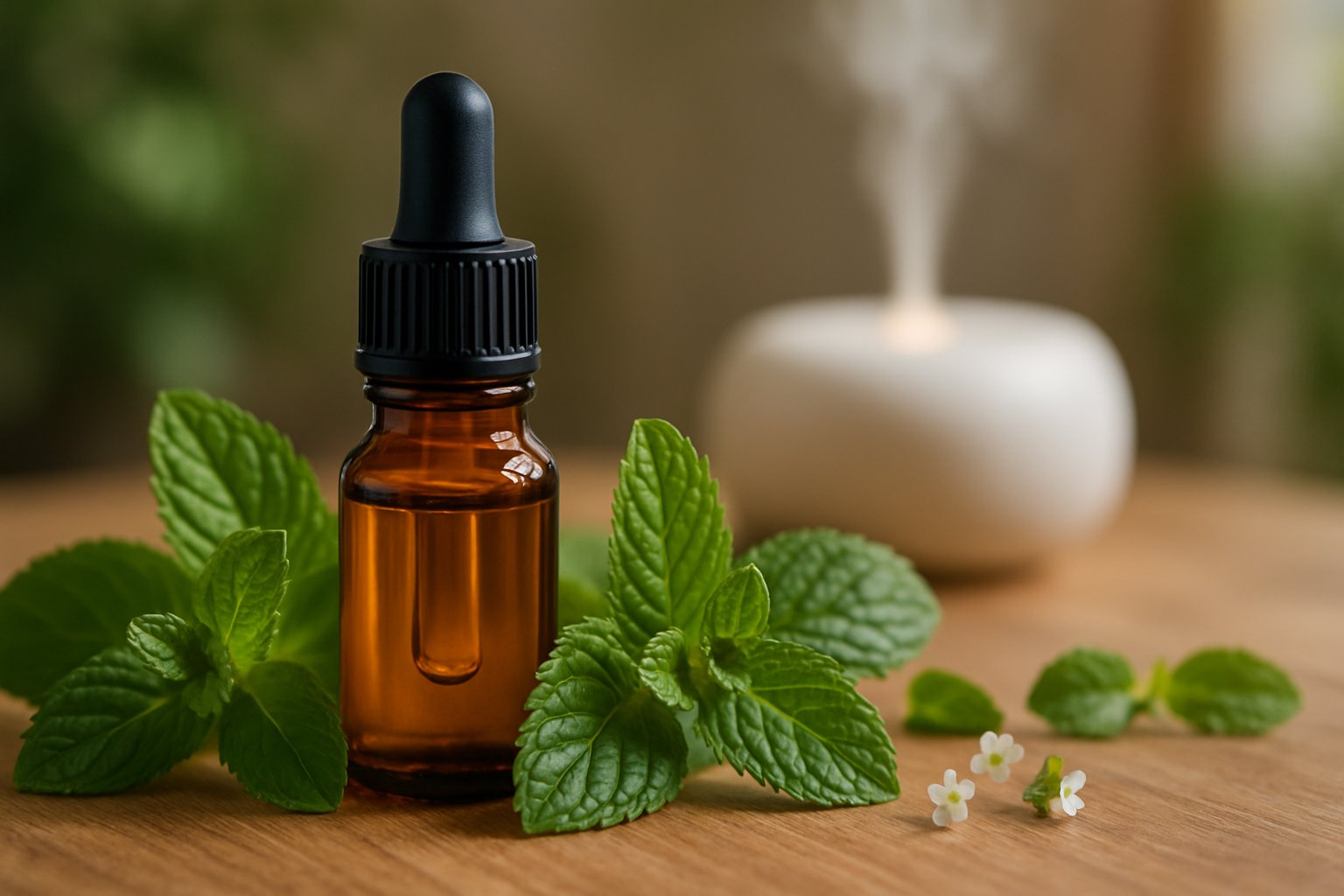 A bottle of peppermint essential oil with fresh peppermint leaves and a diffuser emitting mist on a wooden surface.