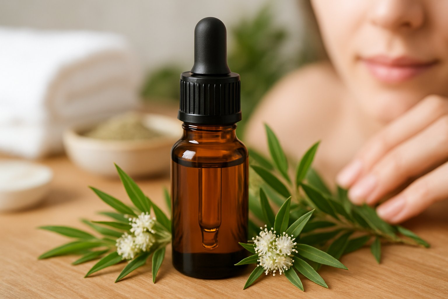 Close-up of a small amber bottle of tea tree oil surrounded by green leaves and white flowers on a wooden surface, with skincare items and clear skin visible in the background.
