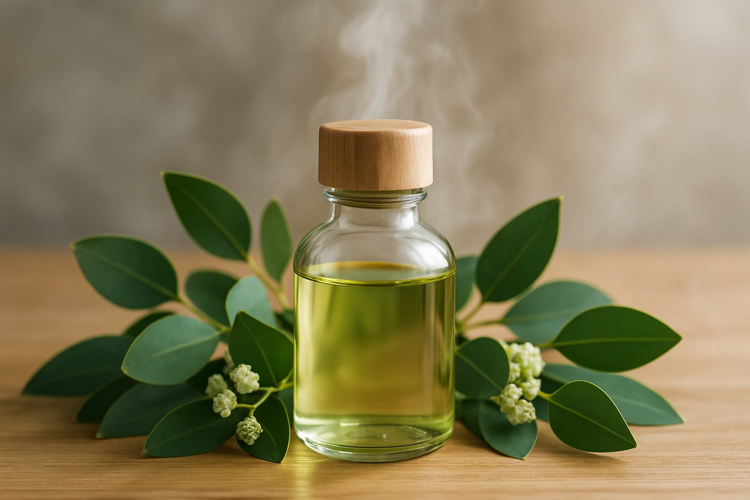 A glass bottle of eucalyptus essential oil surrounded by eucalyptus leaves and small white flowers on a wooden surface with steam rising in the background.