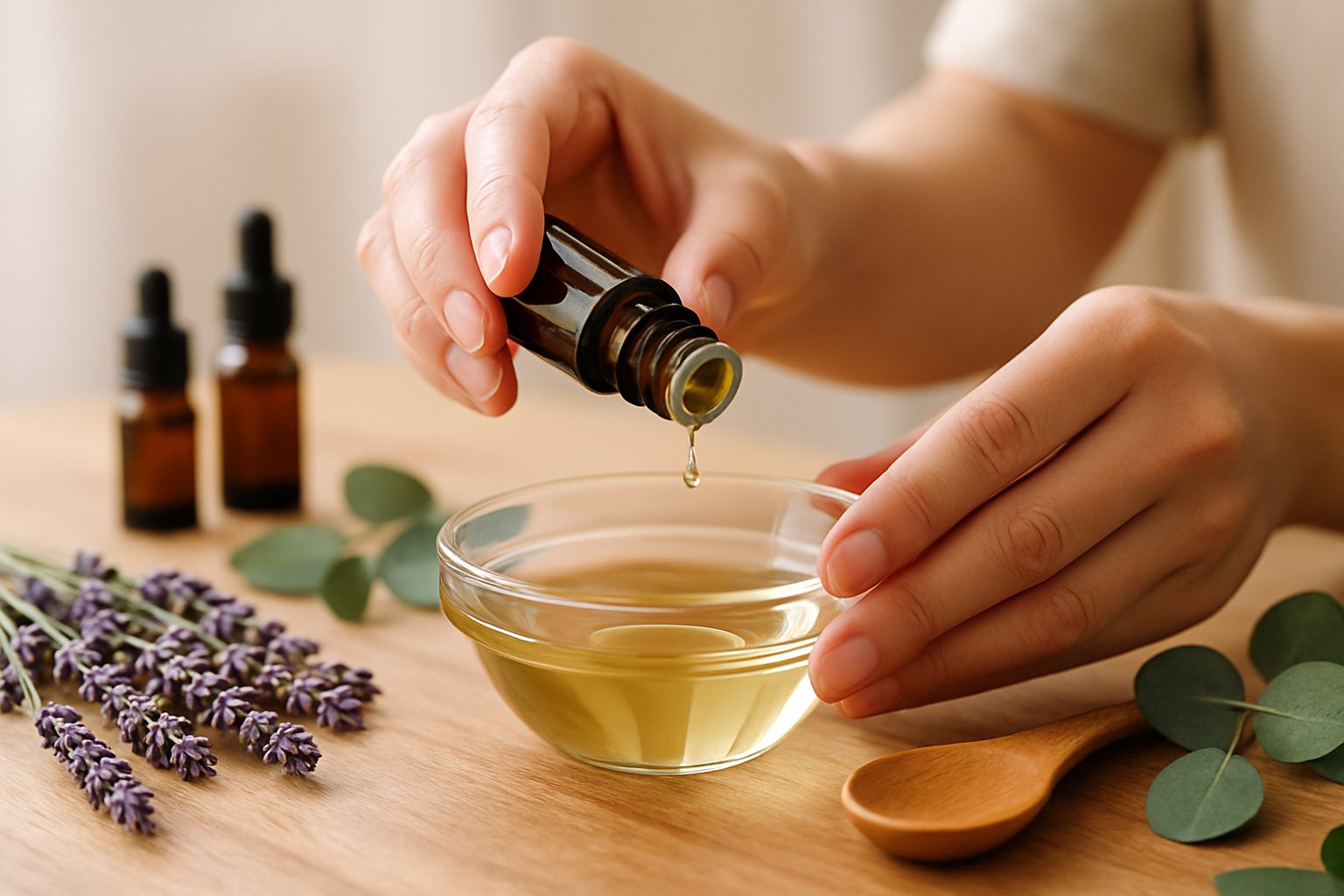 Hands pouring essential oil into a bowl of carrier oil surrounded by fresh herbs and natural elements.