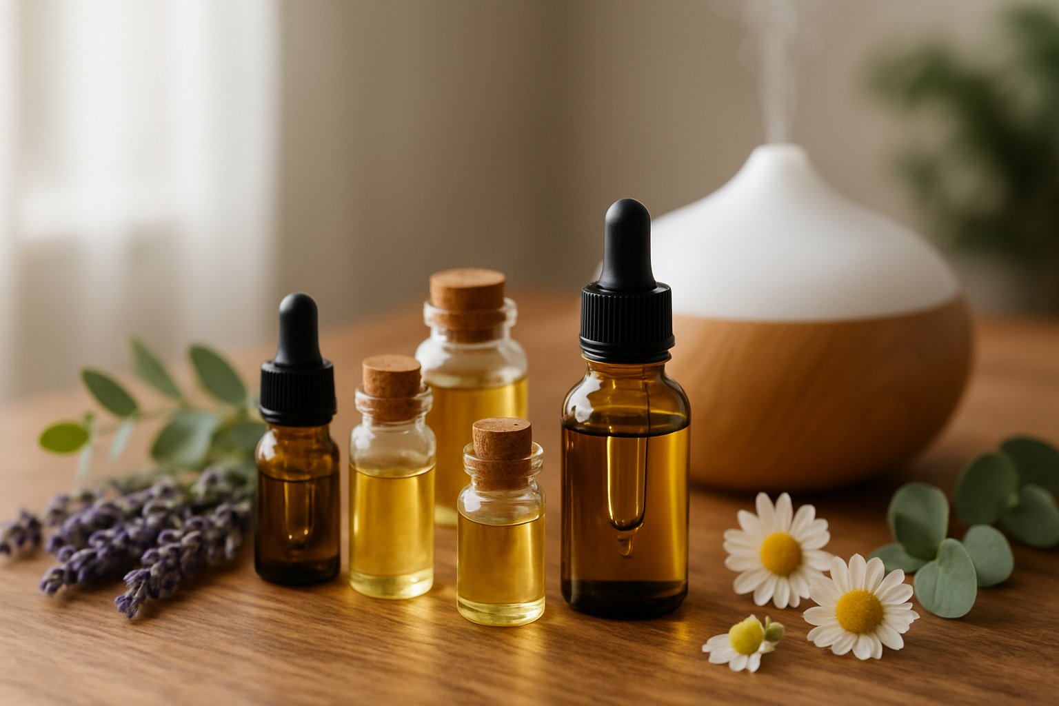 A wooden table with small glass bottles of essential oils, fresh herbs, and a diffuser emitting mist in the background.