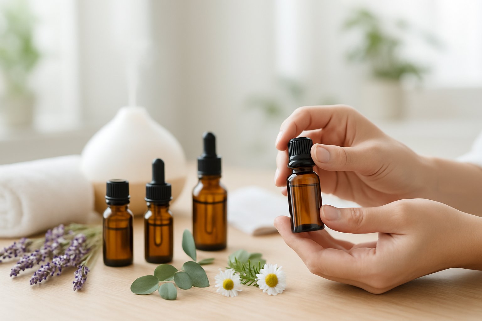 Hands holding an essential oil bottle over a wooden table with other essential oil bottles, fresh herbs, and a diffuser in the background.