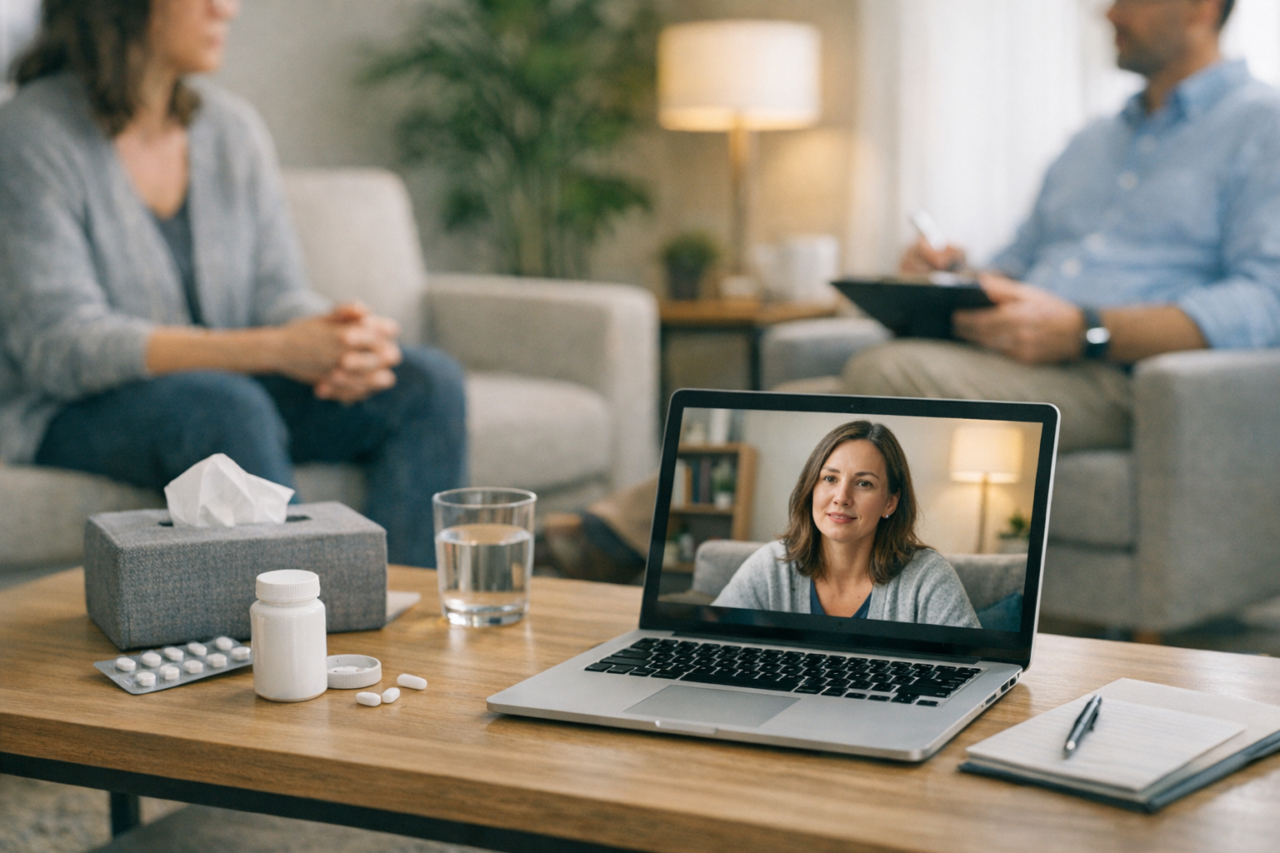 A virtual therapy session focused on addiction recovery with a digital interface