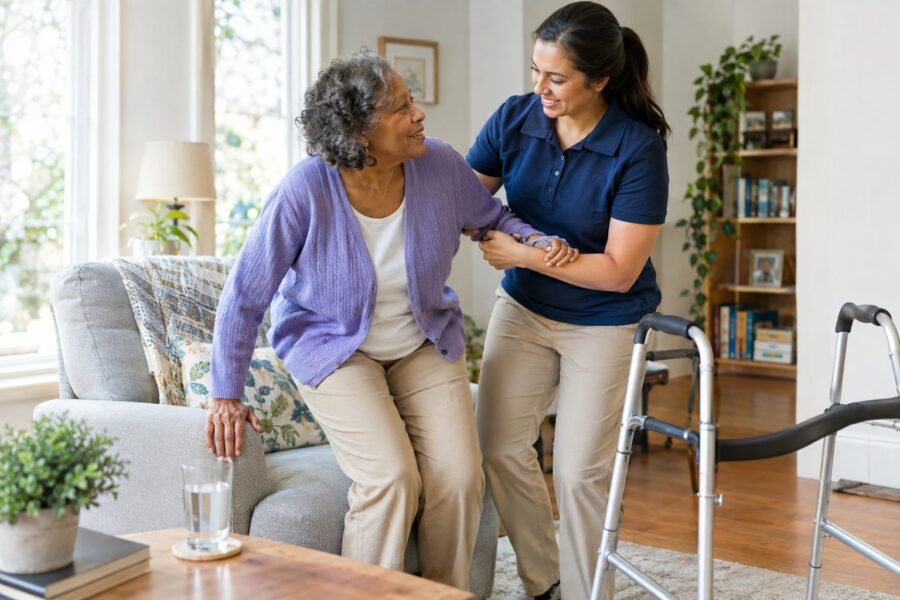 Caregiver supports older woman standing beside a walker at home
