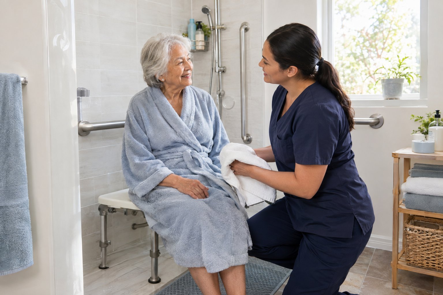 A caregiver helps an older woman with personal care in a safe home bathroom.