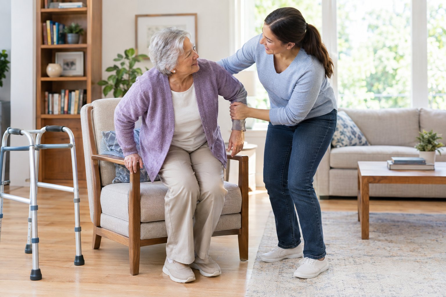 A caregiver helps an older adult stand up from a chair at home.