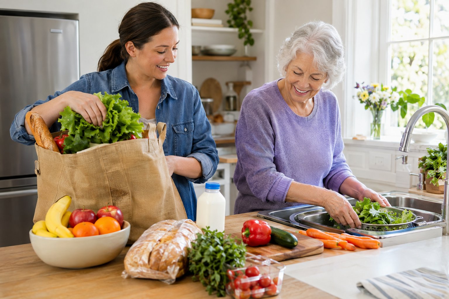 A caregiver helps an older adult unpack groceries and prepare vegetables in a home kitchen.