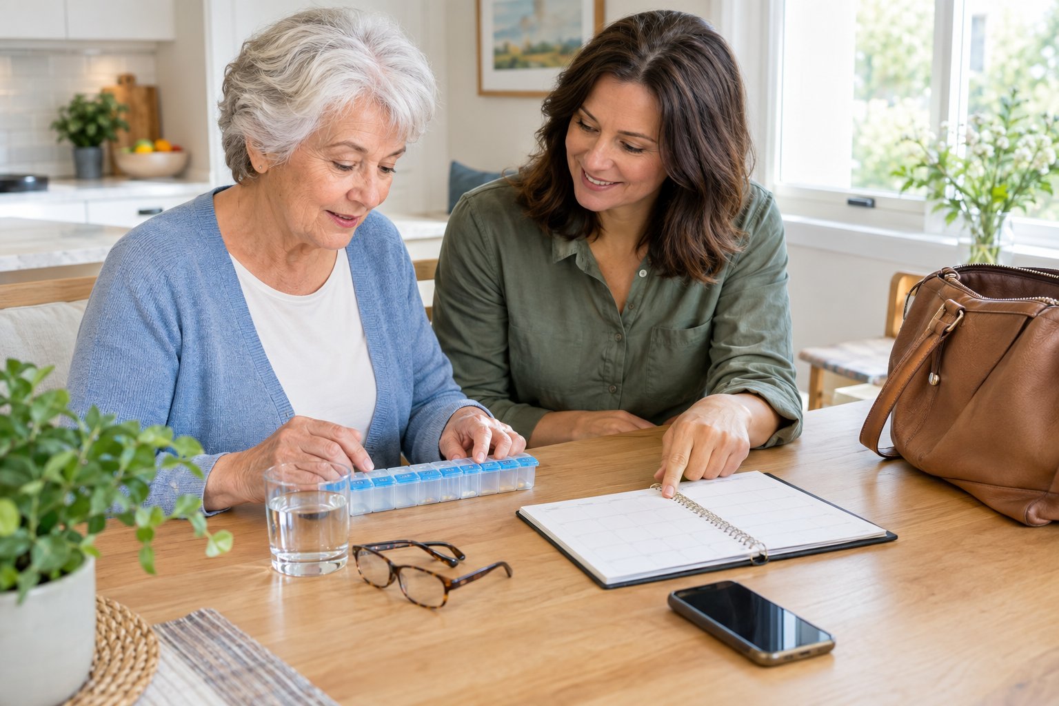 An older adult checks a pill organizer while a caregiver helps review an upcoming appointment at the kitchen table.