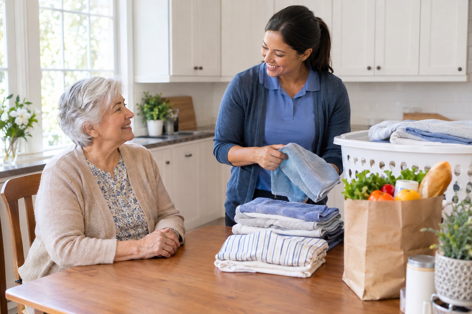 An older woman sits at a kitchen table while a caregiver folds laundry and helps organize groceries.